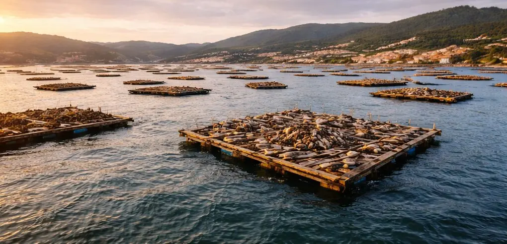 Galícia partjainál kagyló feldolgozó telepek a tengeren