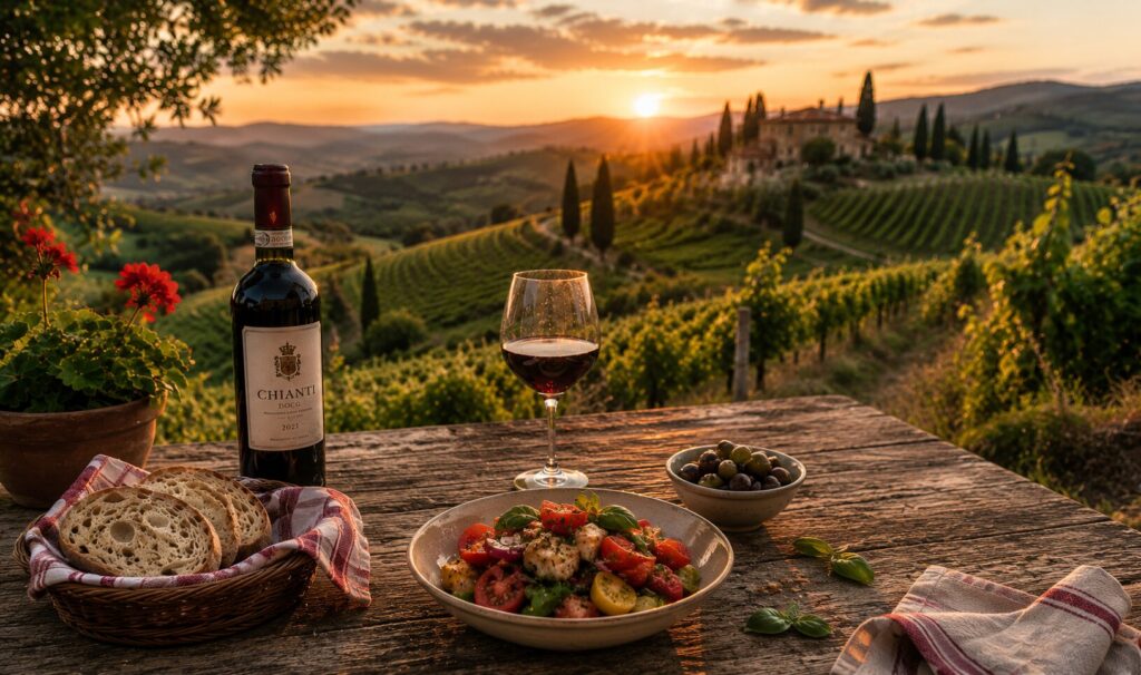 Chianti bor és panzanella a toszkán borvidéken naplementében